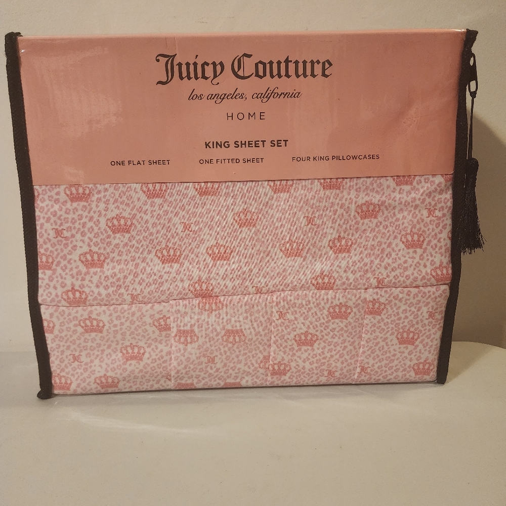 Juicy Couture Hot Pink Cheetah Print Crown Logo 6 Piece King Sheet Set
